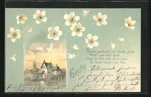 Lithographie Apfelblüte, kleiner Ort mit Kirche, Ansichtskartengeschichte