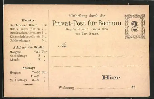 AK Bochum, Private Stadtpost, Gegründet am 1.1.1887 von Chr. Menne