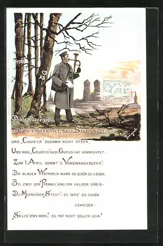 Künstler-AK München, Staats-Post und Courier stehen nicht zusammen, Postbote stösst ins Horn, Private Stadtpost