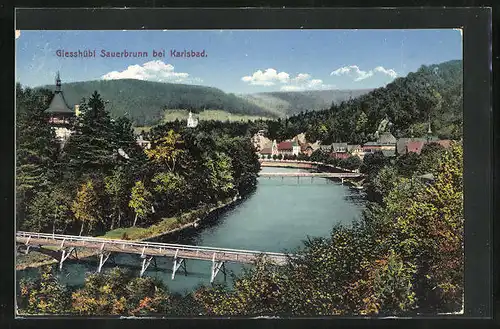 AK Giesshübl-Sauerbrunn, Flusspartie mit Brücke aus der Vogelschau