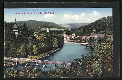 AK Giesshübl-Sauerbrunn, Ortsansicht mit Brücke und Flusspartie