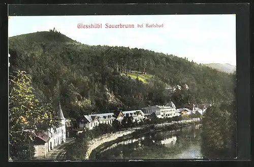 AK Giesshübl-Sauerbrunn, Ortspartie aus der Vogelschau, Flusspartie