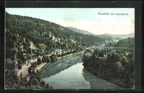 AK Giesshübl-Sauerbrunn, Ortsansicht mit Fluss aus der Vogelschau