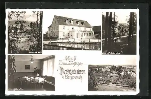 AK Pechgraben, Ortsansicht, Gasthof Frankenwald mit gemütlicher Ecke, Partie im Wald, Blick auf den Ort