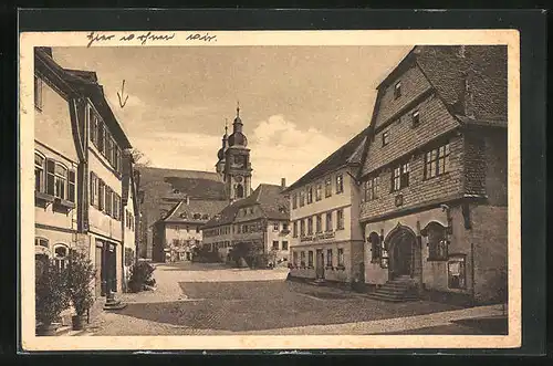 AK Amorbach im Odenwald, Am Rathaus mit Blick zur Kirche