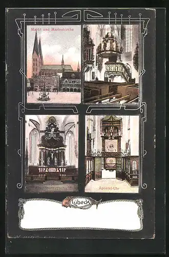 AK Lübeck, Markt und Marienkirche, Kanzel, Apostel-Uhr, Altar