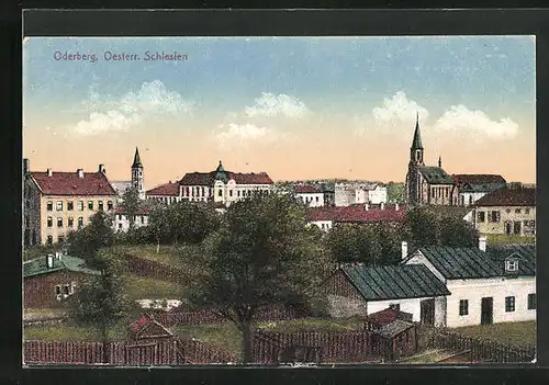 AK Neu Oderberg, O.-S., in den Anlagen, Blick zur Kirche