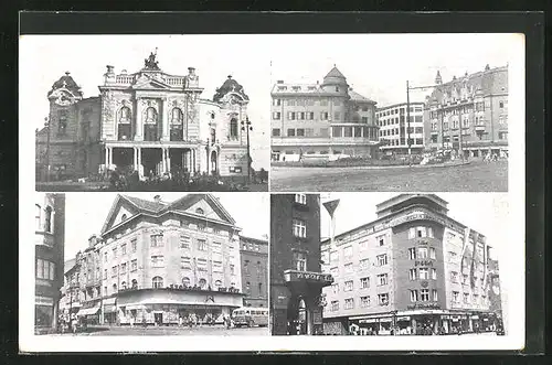 AK Ostrava, auf dem Hauptplatz, das Theater, Geschäftszeile