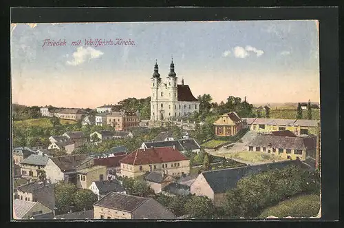 AK Friedek, Blick über die Häuser auf die Wallfahrtskirche