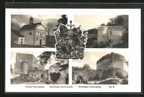 AK Hrad Hukvaldy, Ruine des Schloss Hochwald, die Kapelle, der Turm, das Wappen