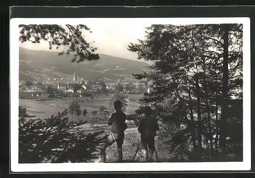 AK Friedland a.Ostr., Wanderer blicken vom Wald auf die Stadt