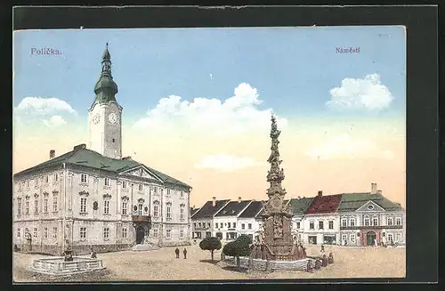 AK Policka, Ehrenmal, Rathaus, auf dem Marktplatz