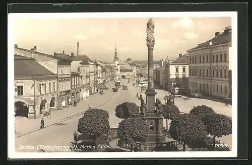 AK Zwittau im Sudetenland, Stadtplatz mit der Mariensäule im Vordergrund