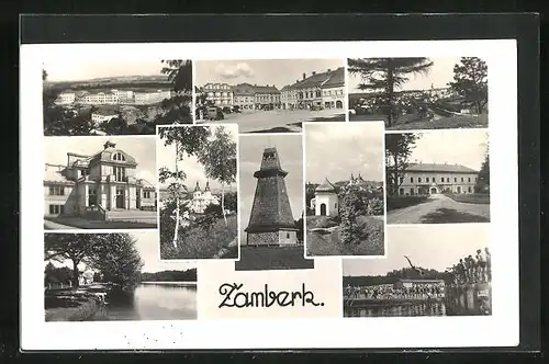 AK Zamberk, auf dem Hauptplatz, das Schloss, Partie am Flussufer