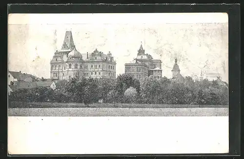 AK Prelouc, Blick zum Schloss vom Feld aus