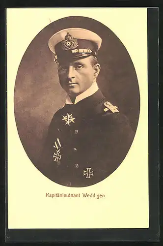 AK U-Boot, Kapitänleutnant Weddigen, in Uniform mit Mütze und Eisernem Kreuz
