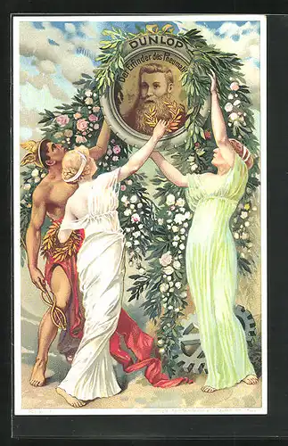 Lithographie Reklame Dunlop, zwei Frauen und ein Mann heben das Portrait des Pneumatikerfinders, mit Blumen geschmückt