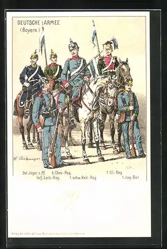 Lithographie Deutsche Armee, verschiedene Regimenter in ihren Uniformen, Ulanen, Jäger, Det. Jäger und andere