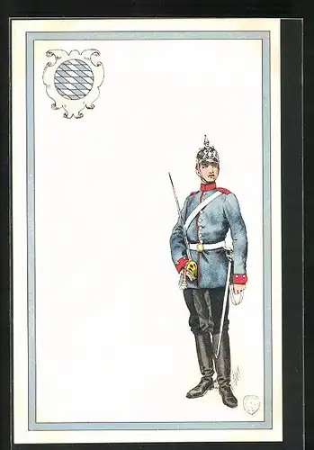 Lithographie Uniform, stehender Soldat mit Pickelhaube, Säbel und Wappen