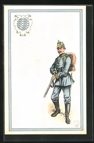 Lithographie Uniform, Wappen, Soldat mit Gewehr bereit für den Einsatz