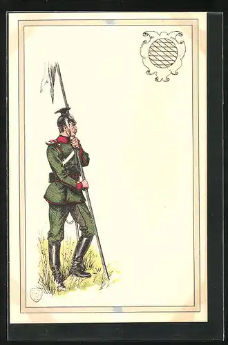 Lithographie Uniform, Soldat steht auf eine Fahnenstange gestützt, Wappen