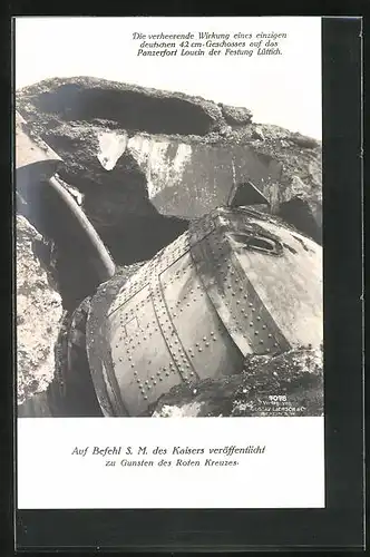 AK Lüttich, das Panzerfort Loucin nach Beschuss durch deutsche Artillerie, Blick auf die Trümmer