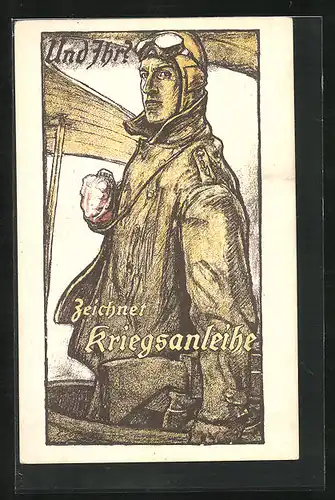 Künstler-AK Kriegsanleihe, Pilot mit Fliegerbrille und Uniform