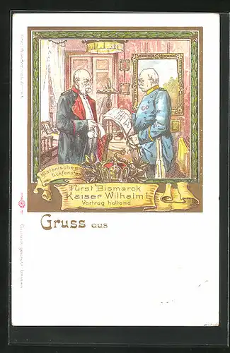 Lithographie Otto von Bismarck, der Fürst und der Kaiser Wilhelm I historisches Eckfenster