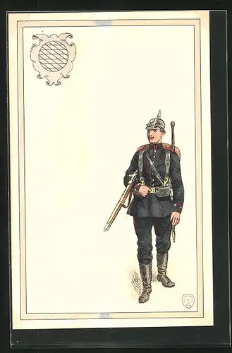 Lithographie Weltkrieg I, Soldat in Uniform mit Pickelhaube und Gewehr unter dem Arm