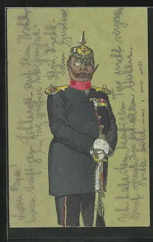Lithographie Weltkrieg I, Soldat mit Monokel, Pickelhaube auf seinen Säbel gestützt