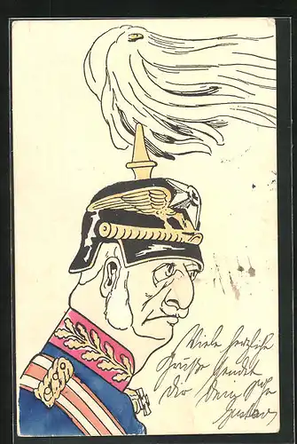 Künstler-AK Weltkrieg I, Soldat mit Pickelhaube seitlich portraitiert