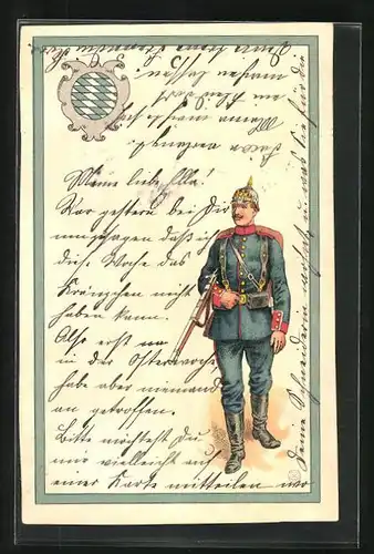 Lithographie Weltkrieg I, Soldat mit Pickelhaube in blauer Uniform, Wappen