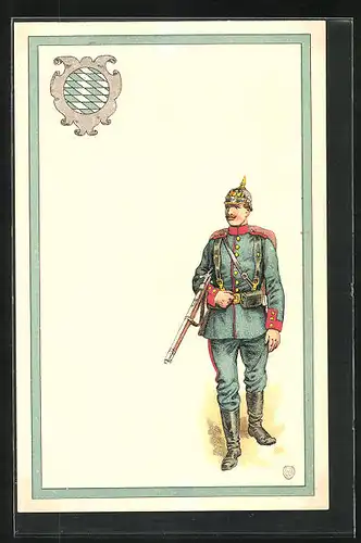 Lithographie Weltkrieg I, die blaue Uniform kombiniert mit Karabiner und Pickelhaube, mit Wappen