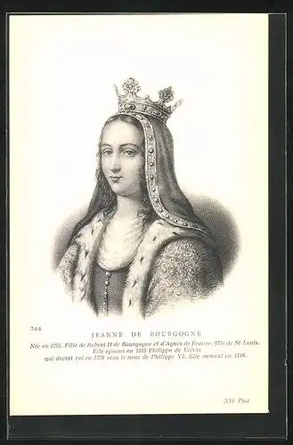 Künstler-AK Jeanne De Bourgogne von Frankreich, Portrait der Tochter von Robert II. mit ihrer Krone