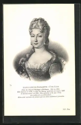 Künstler-AK Marie-Louise-Elisabeth D`Orleans von Frankreich, Portrait der Tochter von Philippe d`Orleans
