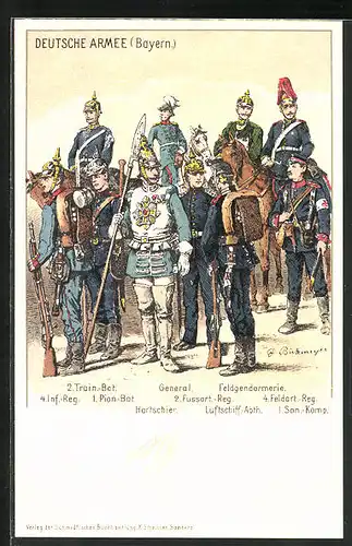 Lithographie Uniformen der Regimenter der Deutschen Armee, Pioniere, Feldgrenadiere, Feldartilleristen und andere