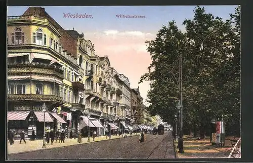 AK Wiesbaden, Strassenbahn in der Wilhelmstrasse