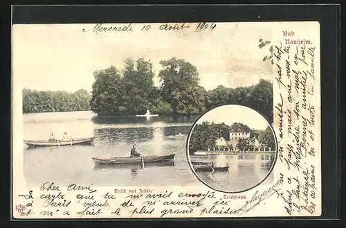 AK Bad Nauheim, Teich mit Insel, Ruderboot vor dem Teichhaus