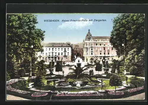 AK Wiesbaden, Kaiser Friedrich-Platz mit Ziergarten