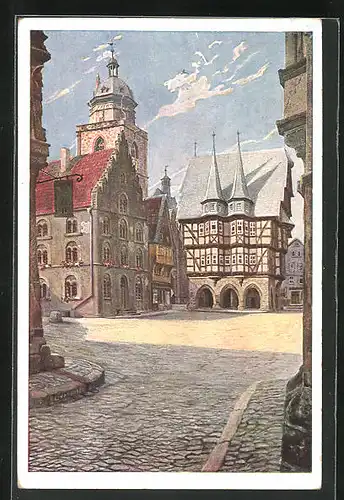 Künstler-AK Alsfeld in Hessen, Blick auf den Marktplatz und das Rathaus