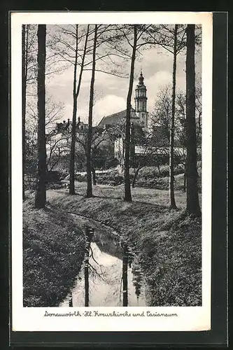 AK Donauwörth in Schwaben, Kreuzkirche und Casianeum vom kleinen Bach gesehen