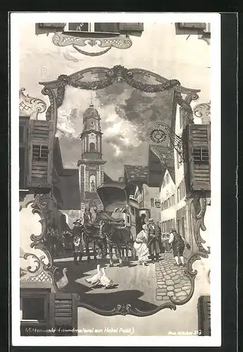 AK Mittenwald, Wandmalerei am Hotel Post