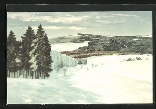 Künstler-AK Friedrich Iwan: Kleinaupa, schneebedeckte Landschaft