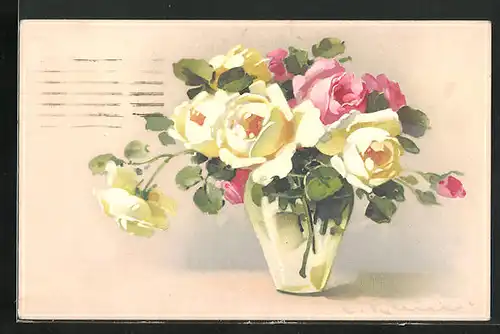 Künstler-AK Catharina Klein: gelb und rosa blühende Rosen in einer stilvollen Vase