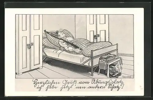 Künstler-AK Ferdinand Barlog: Soldat liegt schlafen mit seinem Gewehr im Bett
