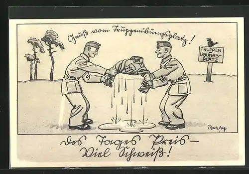 Künstler-AK Ferdinand Barlog: zwei Soldaten wringen Uniform auf der Wiese aus