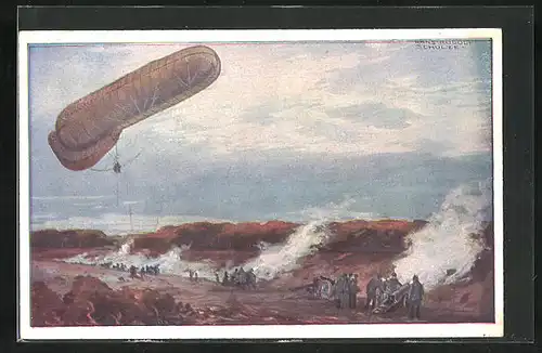 Künstler-AK Hans Rudolf Schulze: Fesselballon, unsere Artilleriewirkung beobachtend