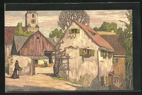 Künstler-AK Ernst E. Schlatter: Idylle an alten Bauernhäusern, Kirche