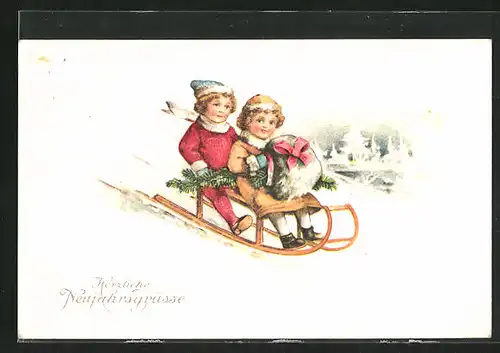 AK Kinderpaar rodelt auf einem Schlitten, Herzliche Neujahrsgrüsse