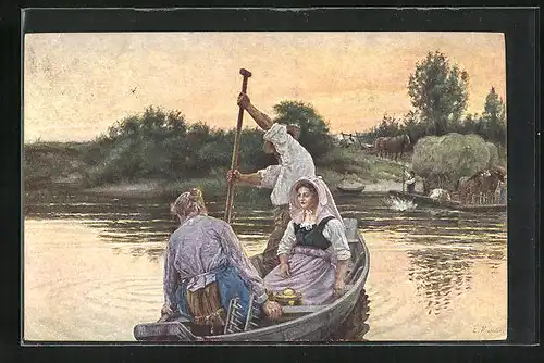 AK Frauen in Tracht bei einer Überfahrt mit dem Ruderboot